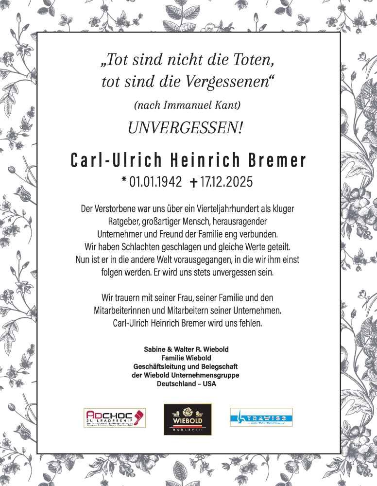  Traueranzeige für Carl-Ulrich Heinrich Bremer vom 10.01.2026 aus Hamburger Abendblatt