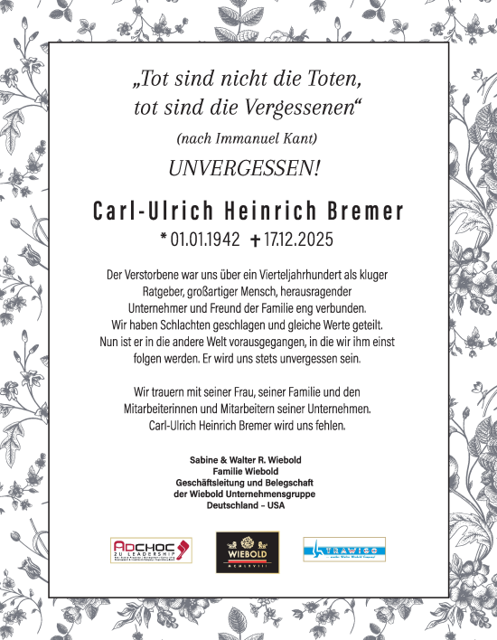 Traueranzeige von Carl-Ulrich Heinrich Bremer von Hamburger Abendblatt