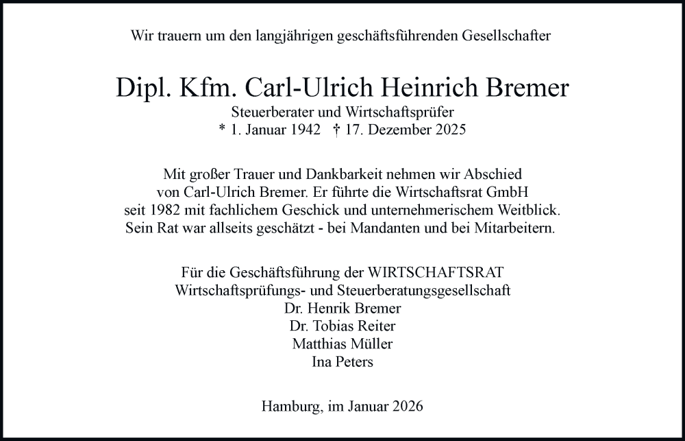  Traueranzeige für Carl-Ulrich Heinrich Bremer vom 03.01.2026 aus Hamburger Abendblatt