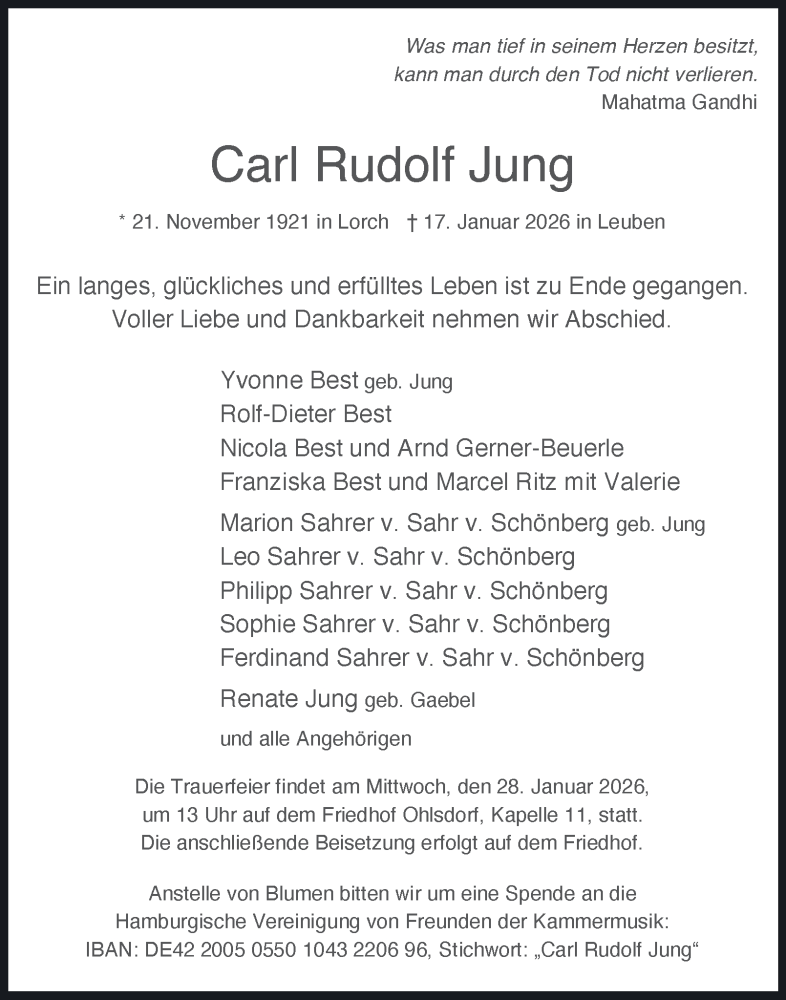  Traueranzeige für Carl Rudolf Jung vom 24.01.2026 aus Hamburger Abendblatt