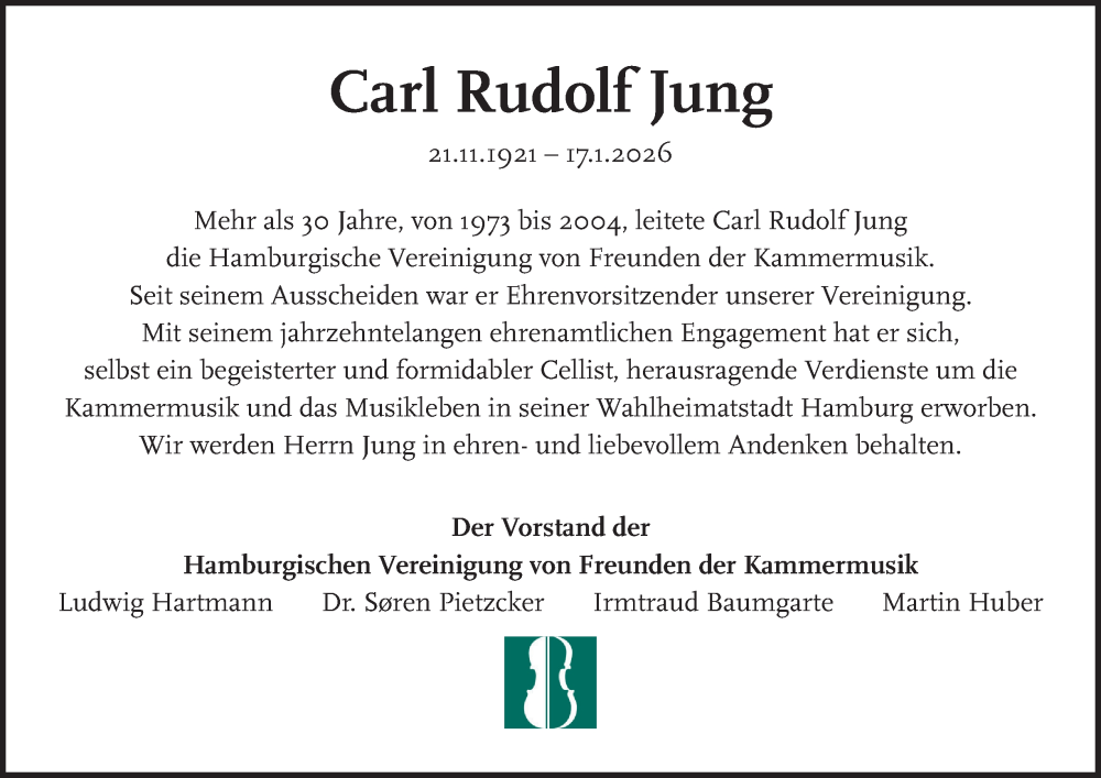  Traueranzeige für Carl Rudolf Jung vom 24.01.2026 aus Hamburger Abendblatt