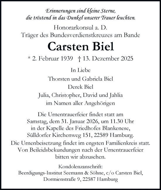 Traueranzeige von Carsten Biel von Hamburger Abendblatt