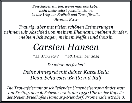 Traueranzeige von Carsten Hansen von Hamburger Abendblatt