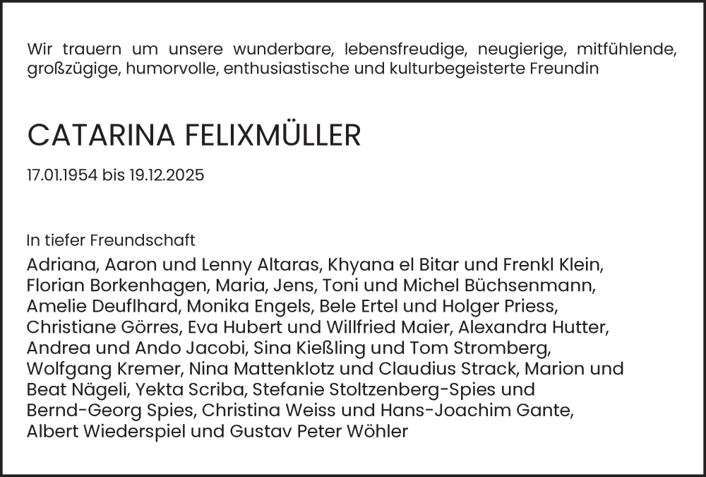  Traueranzeige für Catarina Felixmüller vom 03.01.2026 aus Hamburger Abendblatt