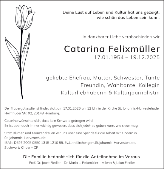 Traueranzeige von Catarina Felixmüller von Hamburger Abendblatt