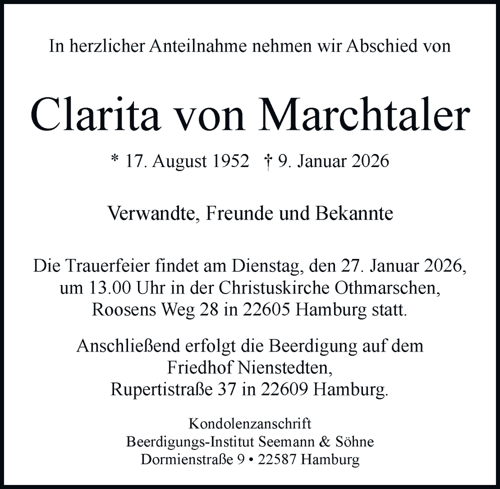  Traueranzeige für Clarita von Marchtaler vom 17.01.2026 aus Hamburger Abendblatt