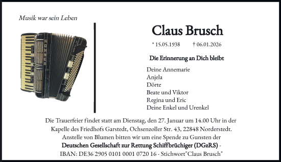 Traueranzeige von Claus Brusch von Hamburger Abendblatt