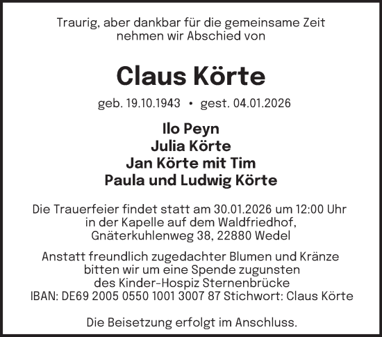 Traueranzeige von Claus Körte von Hamburger Abendblatt