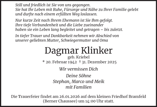 Traueranzeige von Dagmar Klinker 