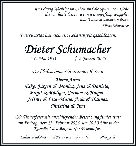 Traueranzeige von Dieter Schumacher von Hamburger Abendblatt