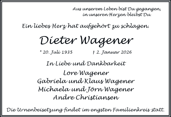 Traueranzeige von Dieter Wagener 