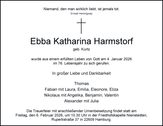 Traueranzeige von Ebba Katharina Harmstorf von Hamburger Abendblatt