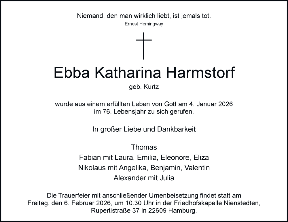  Traueranzeige für Ebba Katharina Harmstorf vom 24.01.2026 aus Hamburger Abendblatt