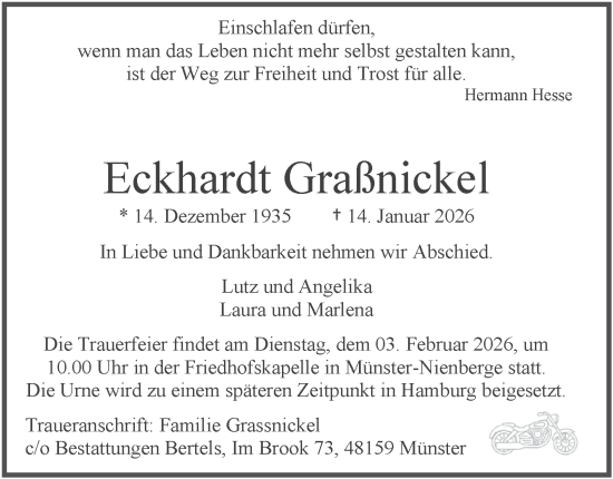 Traueranzeige von Eckhardt Graßnickel von Hamburger Abendblatt