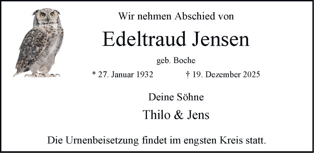  Traueranzeige für Edeltraud Jensen vom 10.01.2026 aus 