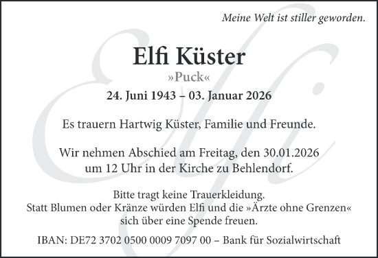 Traueranzeige von Elfi Küster von Hamburger Abendblatt