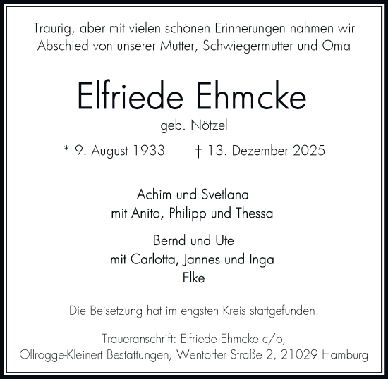 Traueranzeige von Elfriede Ehmcke von Bergedorfer Zeitung