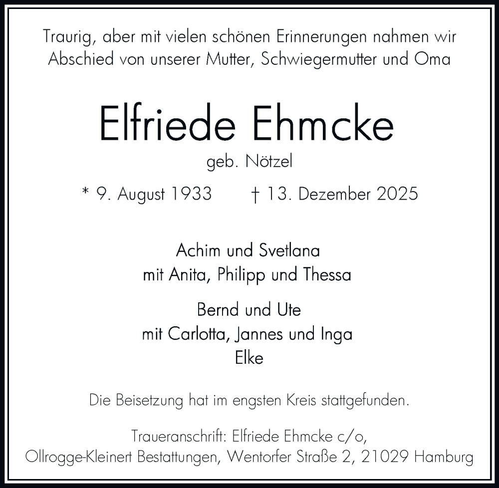  Traueranzeige für Elfriede Ehmcke vom 03.01.2026 aus Bergedorfer Zeitung