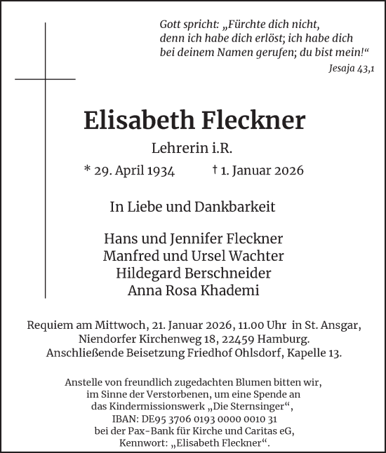 Traueranzeige von Elisabeth Fleckner von Hamburger Abendblatt