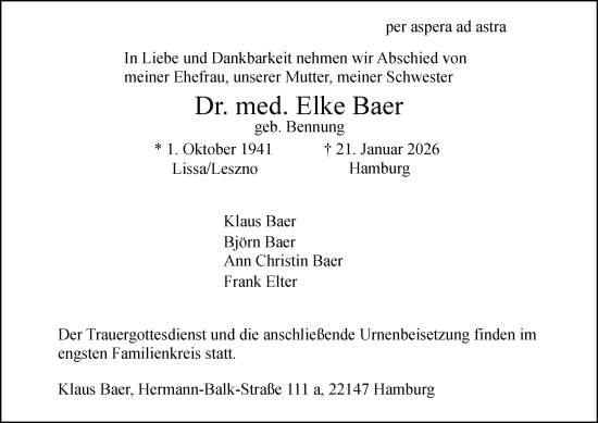 Traueranzeige von Elke Baer von Hamburger Abendblatt