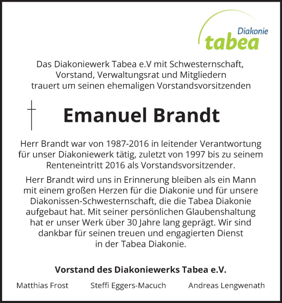 Traueranzeige von Emanuel Brandt von Hamburger Abendblatt