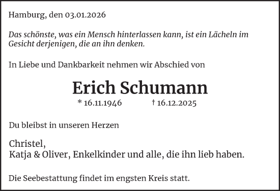 Traueranzeige von Erich Schumann von Hamburger Abendblatt