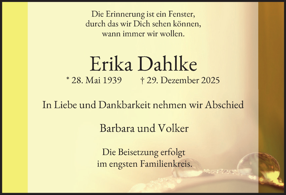 Traueranzeige für Erika Dahlke vom 17.01.2026 aus 