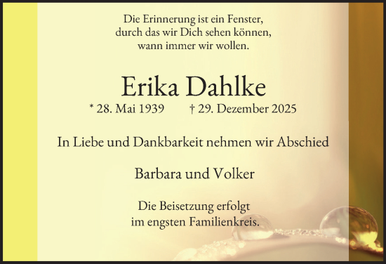 Traueranzeige von Erika Dahlke 