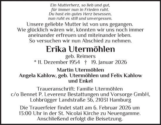 Traueranzeige von Erika Utermöhlen von Bergedorfer Zeitung
