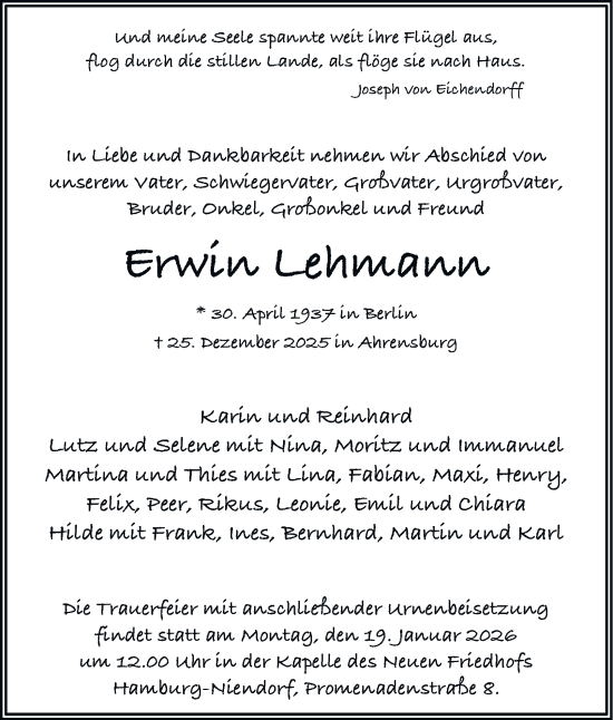 Traueranzeige von Erwin Lehmann von Hamburger Abendblatt