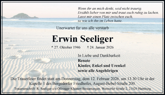 Traueranzeige von Erwin Seeliger von Bergedorfer Zeitung