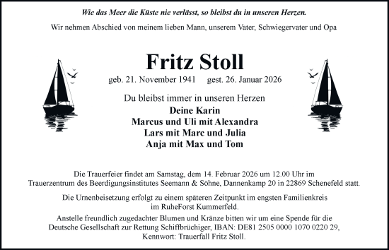 Traueranzeige von Fritz Stoll von Hamburger Abendblatt