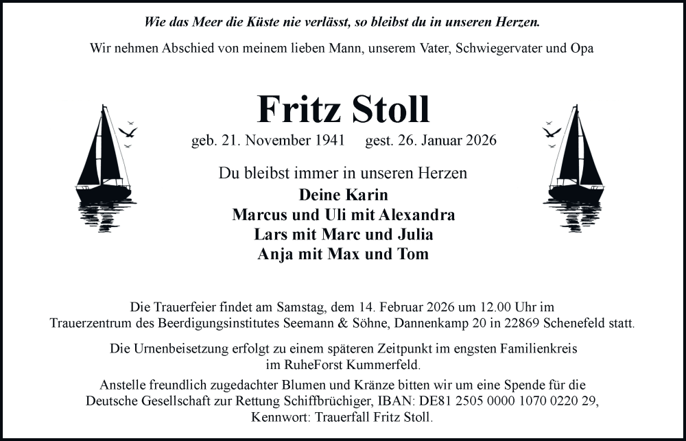  Traueranzeige für Fritz Stoll vom 31.01.2026 aus Hamburger Abendblatt