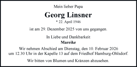 Traueranzeige von Georg Linsner von Hamburger Abendblatt