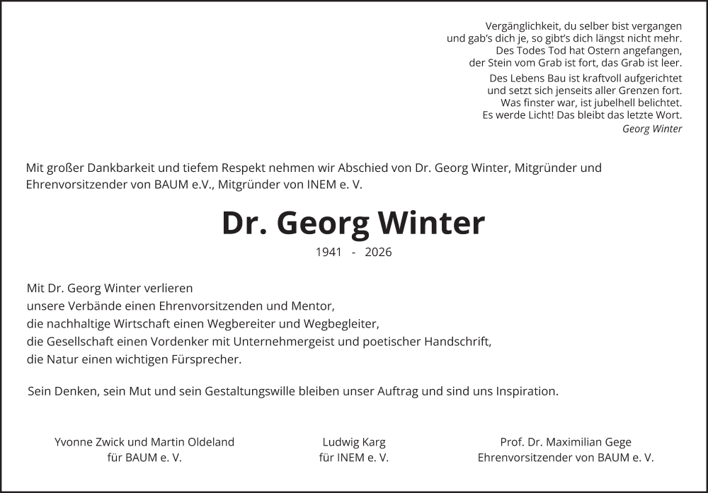  Traueranzeige für Georg Winter vom 17.01.2026 aus Hamburger Abendblatt