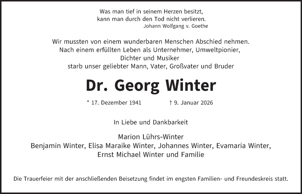  Traueranzeige für Georg Winter vom 17.01.2026 aus Hamburger Abendblatt