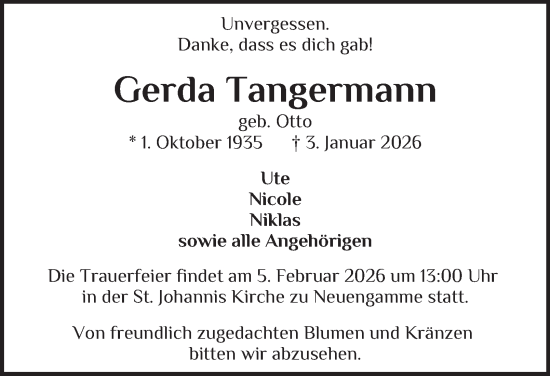 Traueranzeige von Gerda Tangermann von Bergedorfer Zeitung