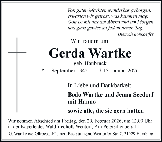 Traueranzeige von Gerda Wartke von Bergedorfer Zeitung