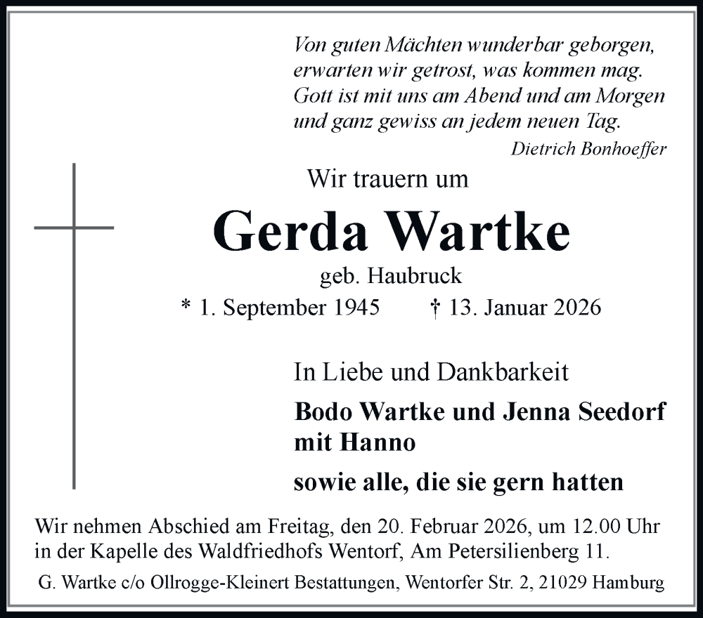  Traueranzeige für Gerda Wartke vom 31.01.2026 aus Bergedorfer Zeitung