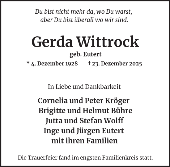 Traueranzeige von Gerda Wittrock von Hamburger Abendblatt