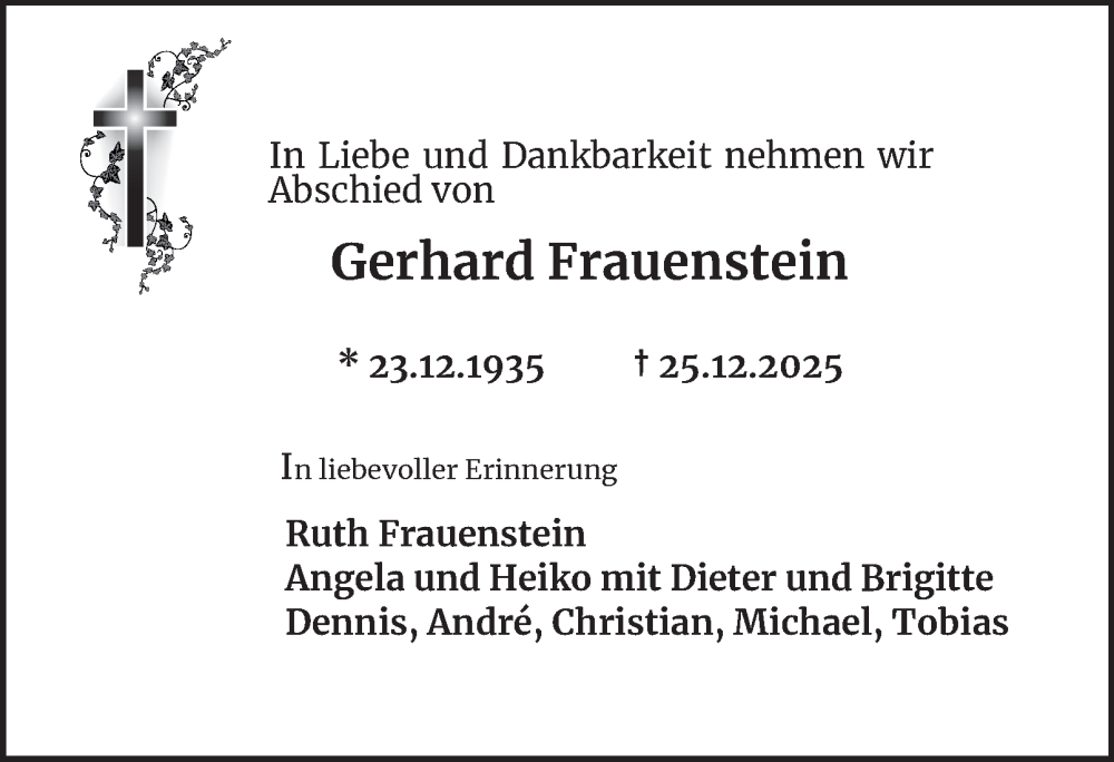  Traueranzeige für Gerhard Frauenstein vom 10.01.2026 aus 