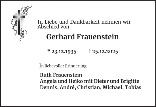 Traueranzeige von Gerhard Frauenstein 