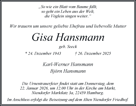 Traueranzeige von Gisa Hansmann von Hamburger Abendblatt