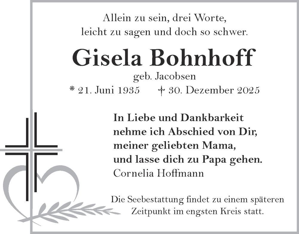  Traueranzeige für Gisela Bohnhoff vom 24.01.2026 aus Hamburger Abendblatt