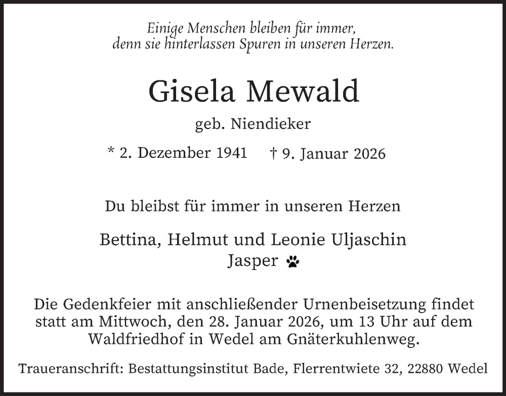  Traueranzeige für Gisela Mewald vom 24.01.2026 aus Hamburger Abendblatt