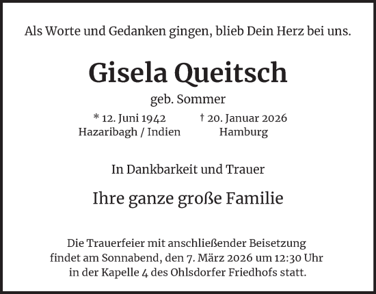 Traueranzeige von Gisela Queitsch von Hamburger Abendblatt