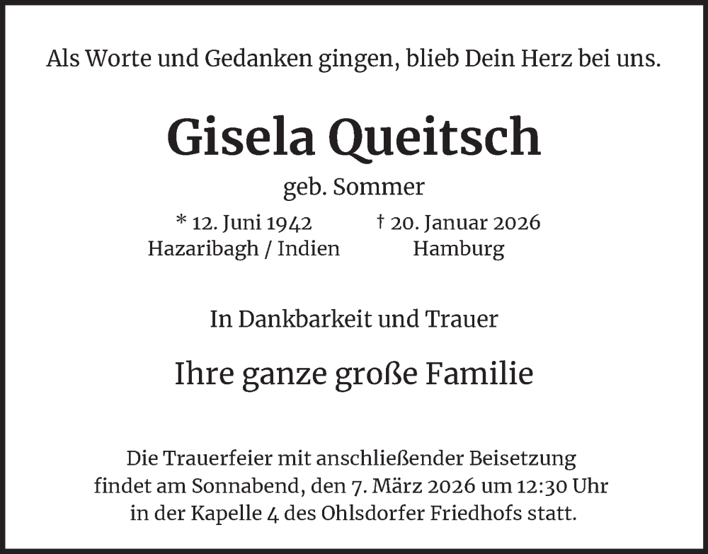  Traueranzeige für Gisela Queitsch vom 24.01.2026 aus Hamburger Abendblatt