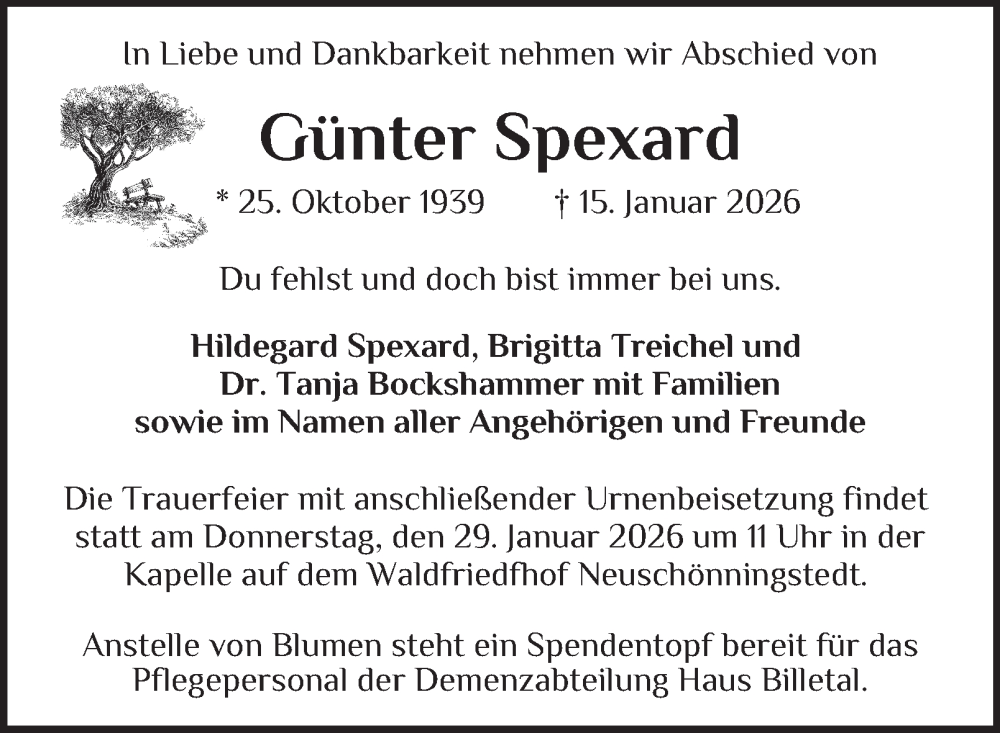  Traueranzeige für Günter Spexard vom 24.01.2026 aus Bergedorfer Zeitung