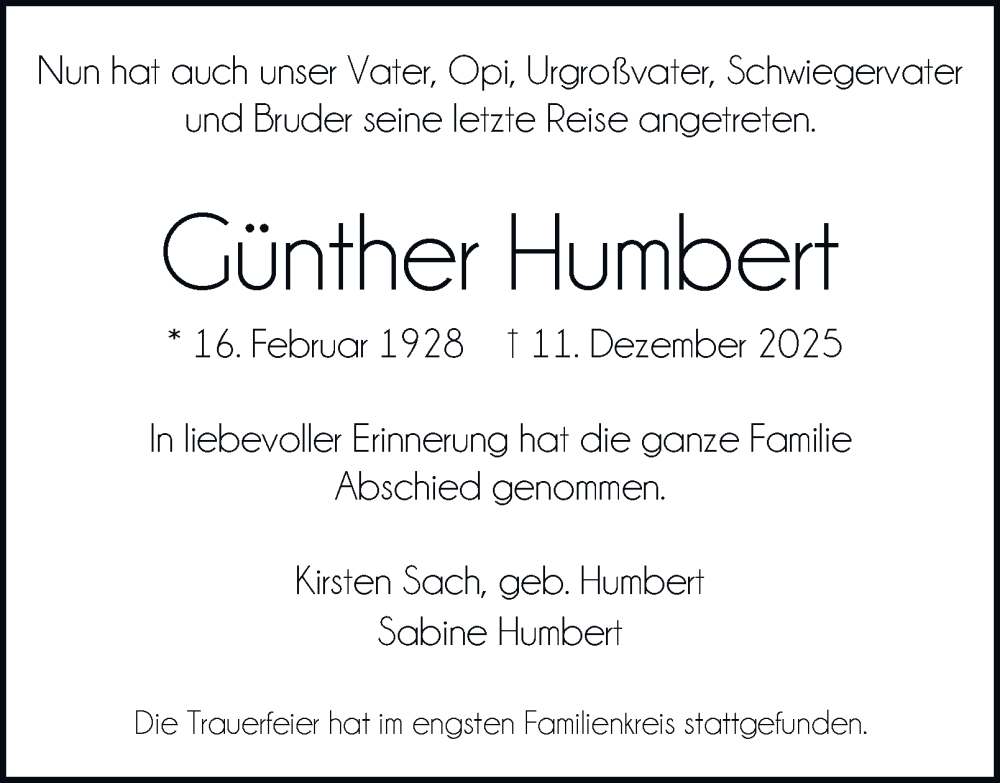  Traueranzeige für Günther Humbert vom 10.01.2026 aus Hamburger Abendblatt