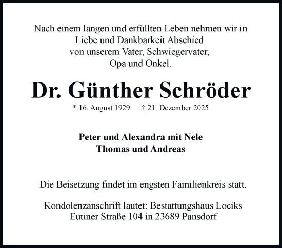 Traueranzeige von Günther Schröder von Hamburger Abendblatt